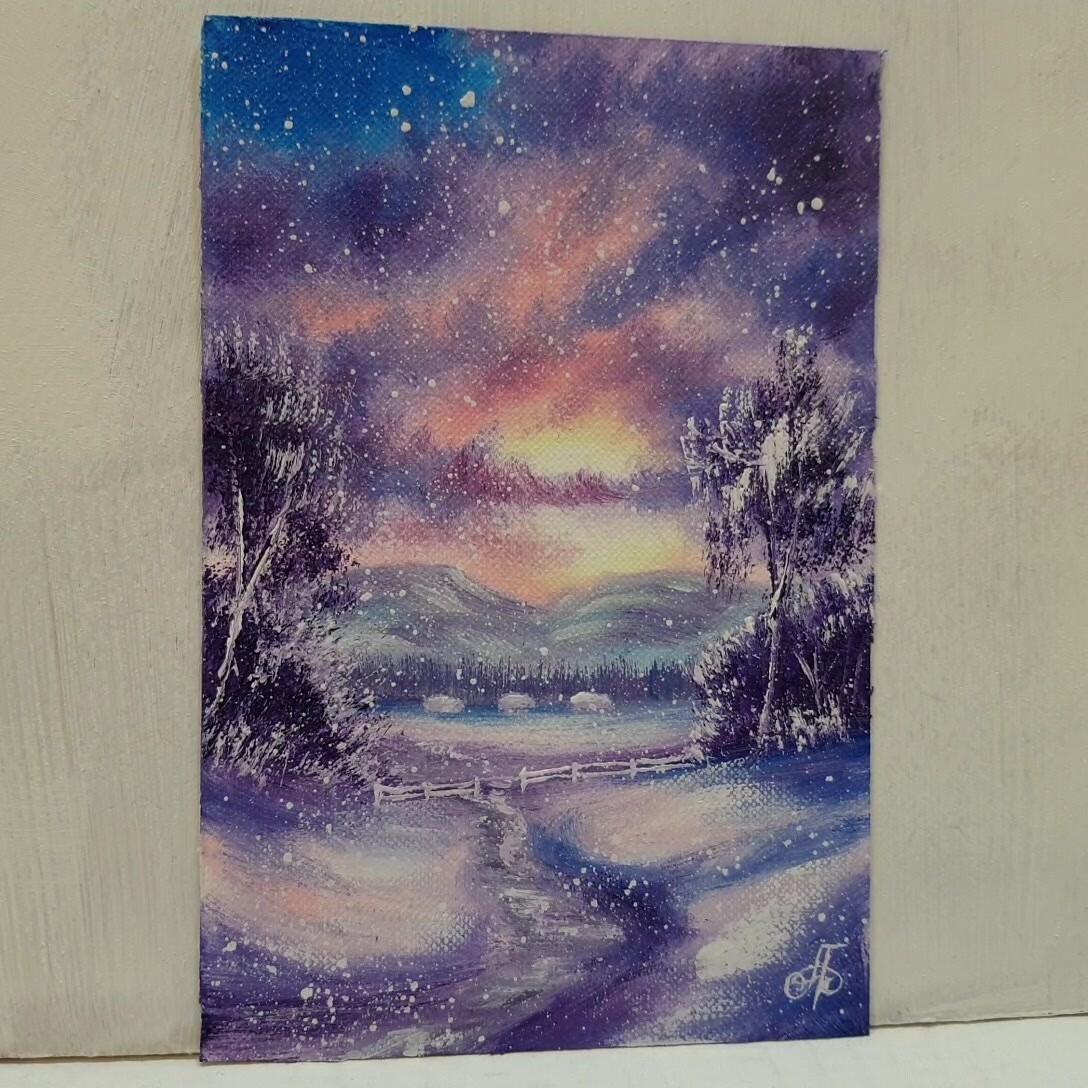 Winter Sunset Snowfall Landscape Cabins Mountains Path Holiday Decor Wall Art