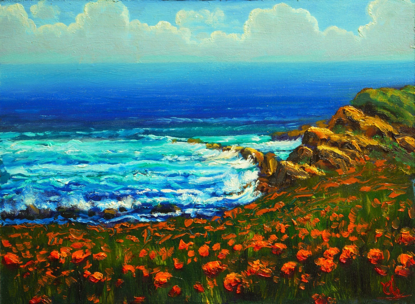 Oil Painting Original Signed Landscape Coast Ocean Art clouds Impressionist 7538
