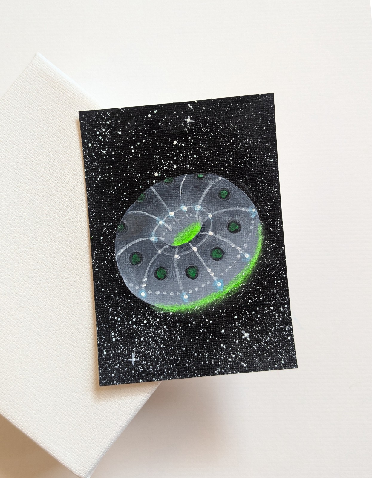ACEO Original Art Acrylic Painting: Alien UFO Spaceship Donut 2.5 x 3.5 OOAK
