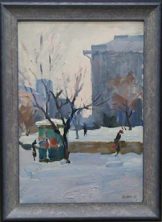«Winter in Town» by Vladimir Novak, Oil Painting, 1961 (m)