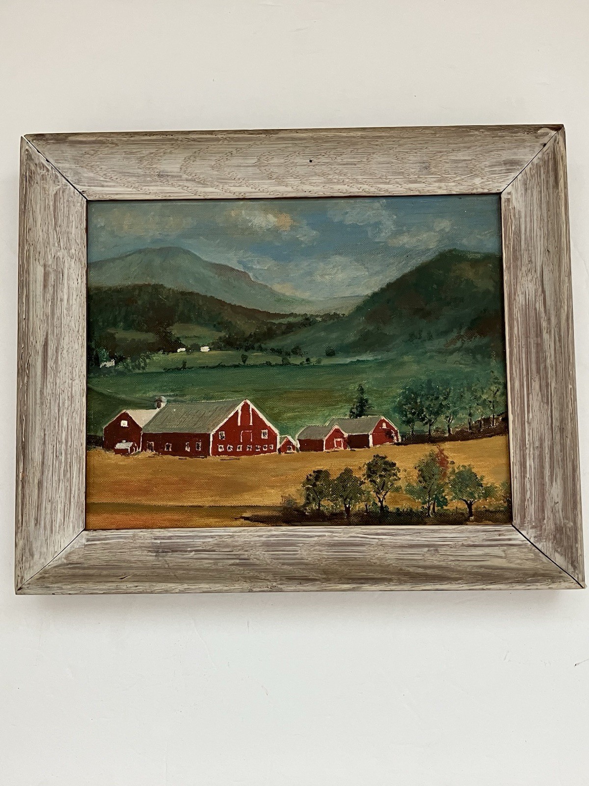 Vintage 50s Framed Primitive Folk Art Farm Barn Landscape Oil Painting 10×13