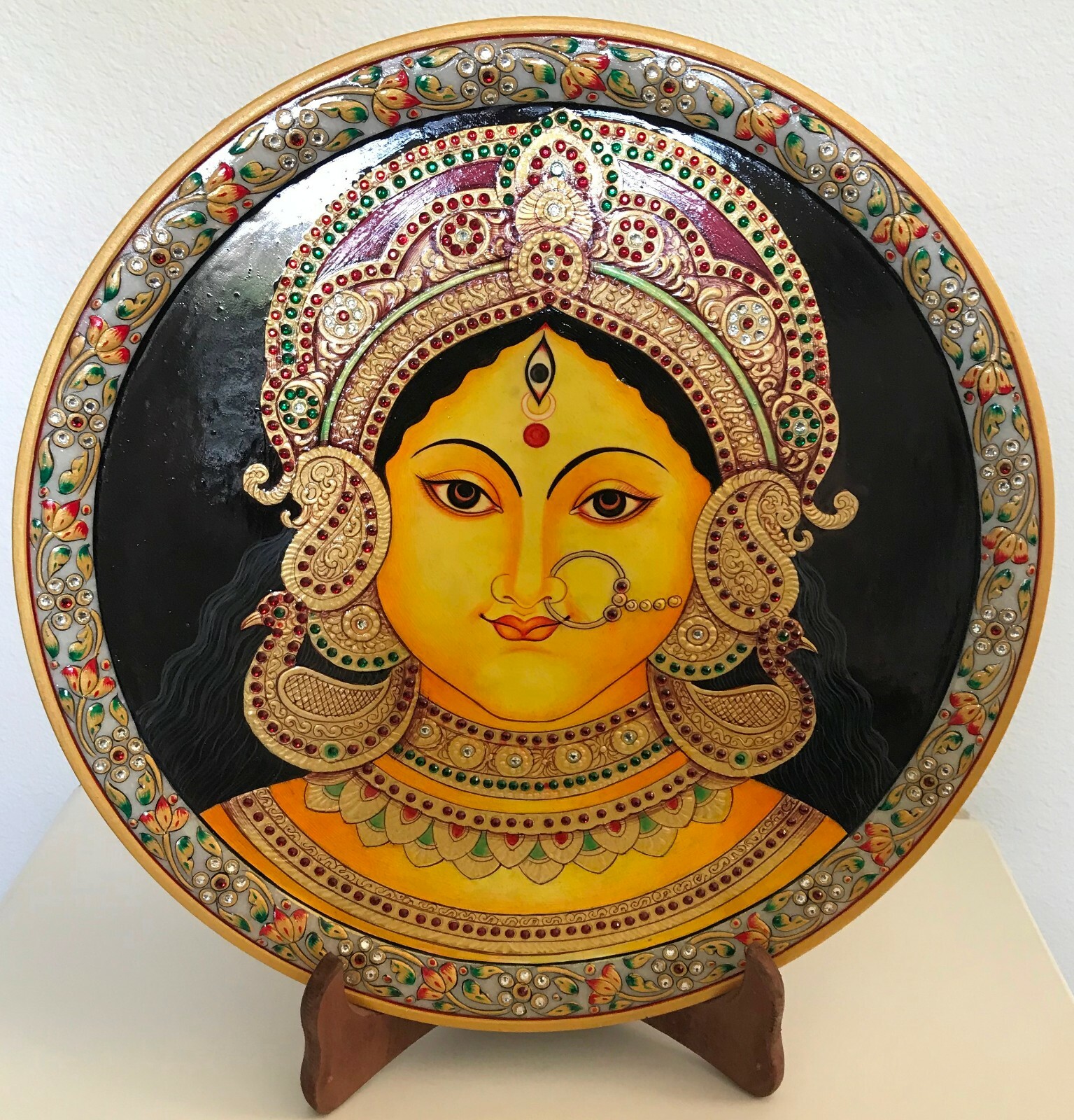 Durga Goddess 15″ Marble Plate Art Handmade Hindu Indian Ethnic Decor Painting