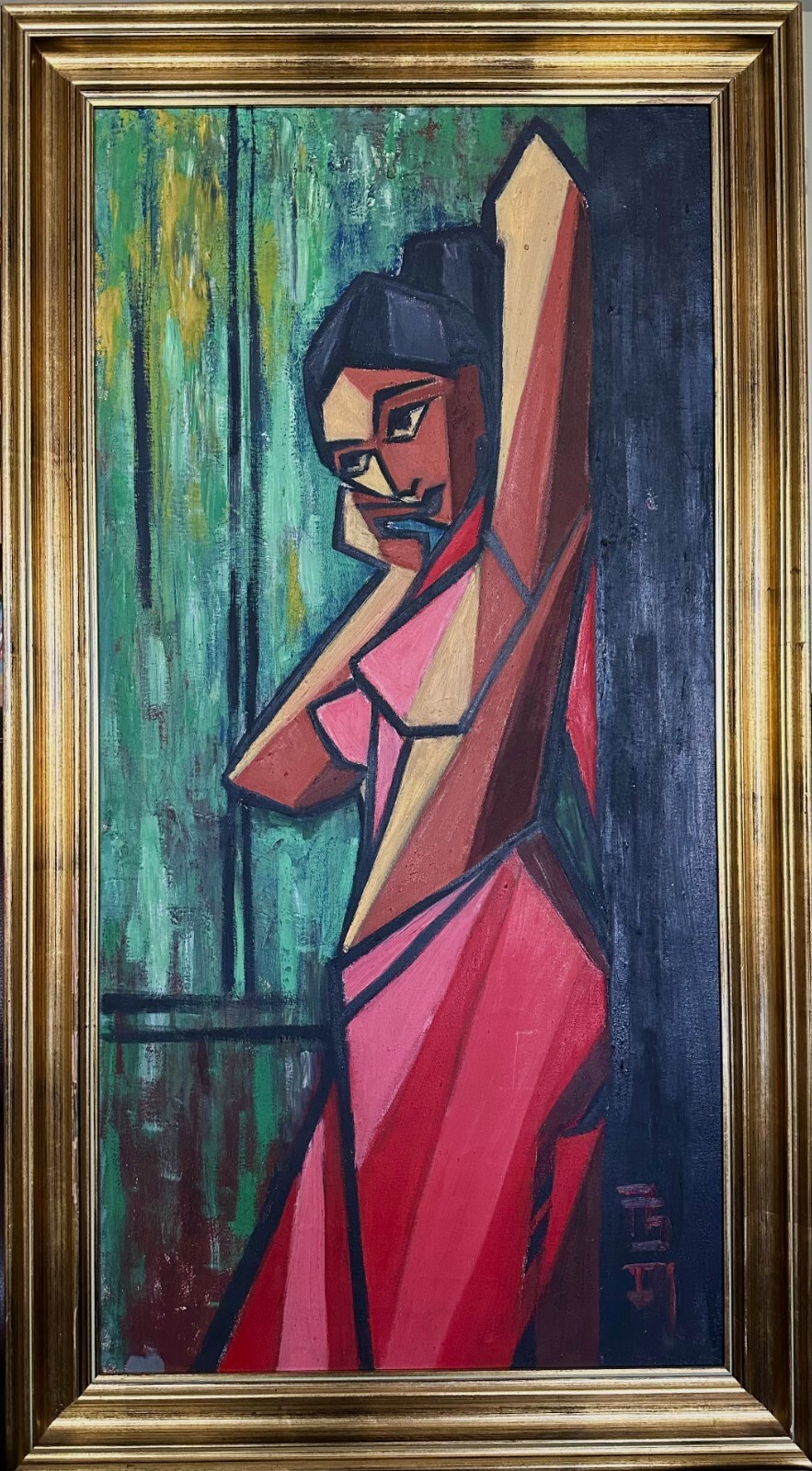 Signed Original Indian/Asian Figural Portrait Cubist oil on Canvas Painting