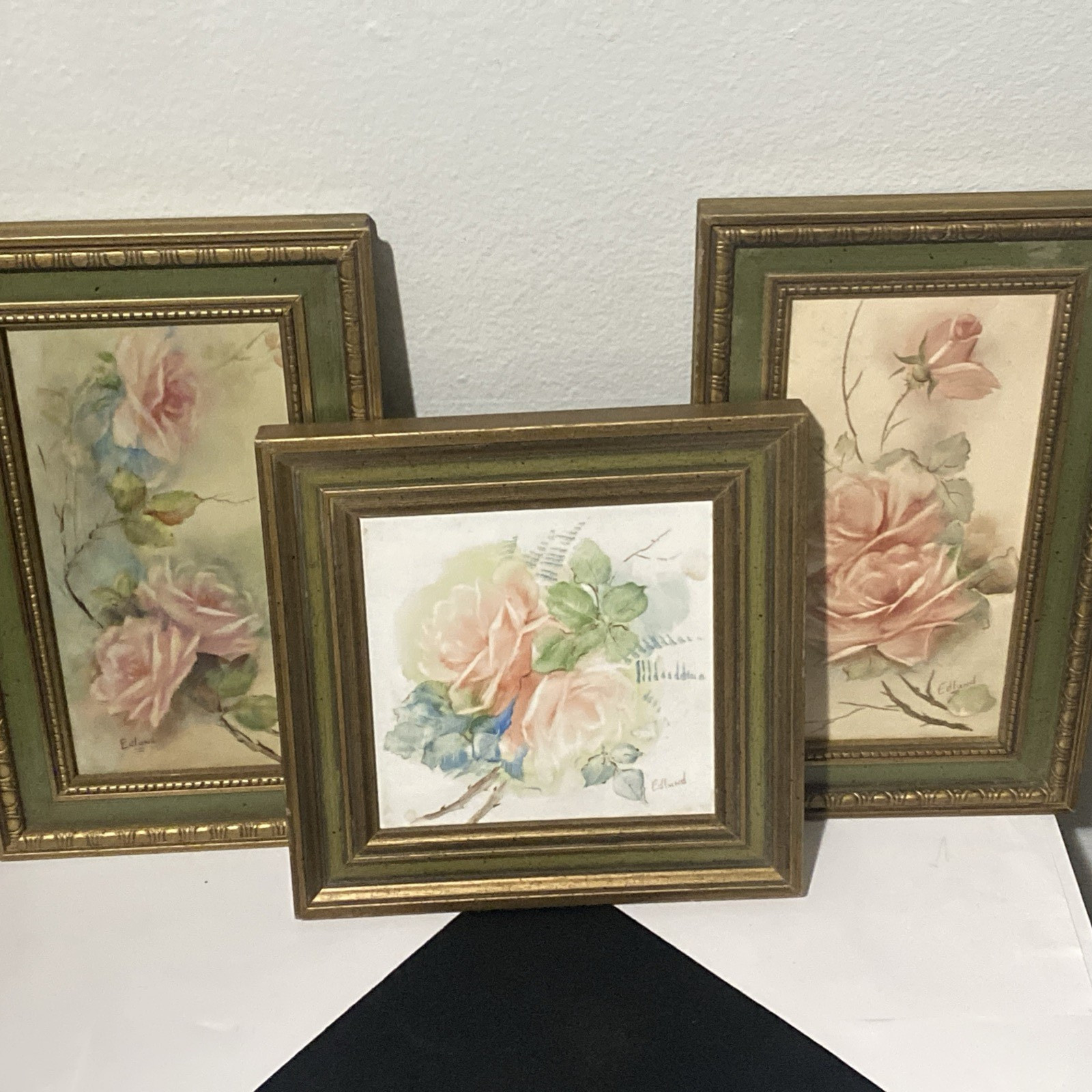 Signed Hand Painted Porcelain Tile Floral Plaque Framed Picture Wall Hanging
