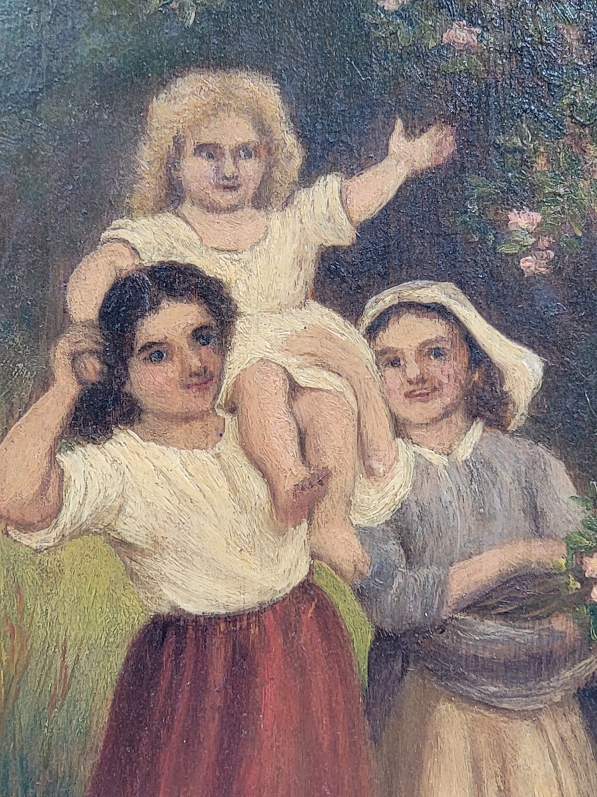 Rare 19th C Children Playing French Oil Painting Signed wood panel Guilded Frame