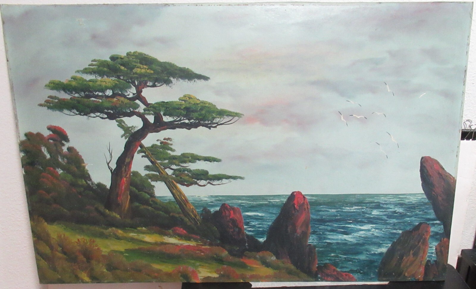 YANCEY ORIGINAL OIL ON BOARD LONE TREE BIRDS SEASCAPE PAINTING UNFRAMED