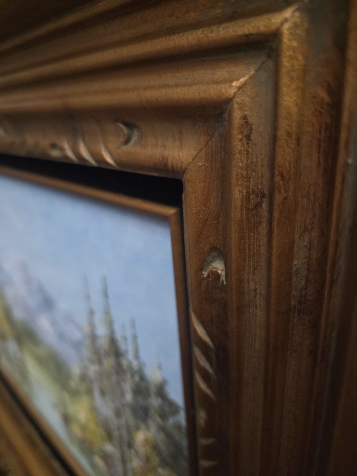 Vintage Oil Painting Of Forest & Mountain On All Wood Frame Signed NICE