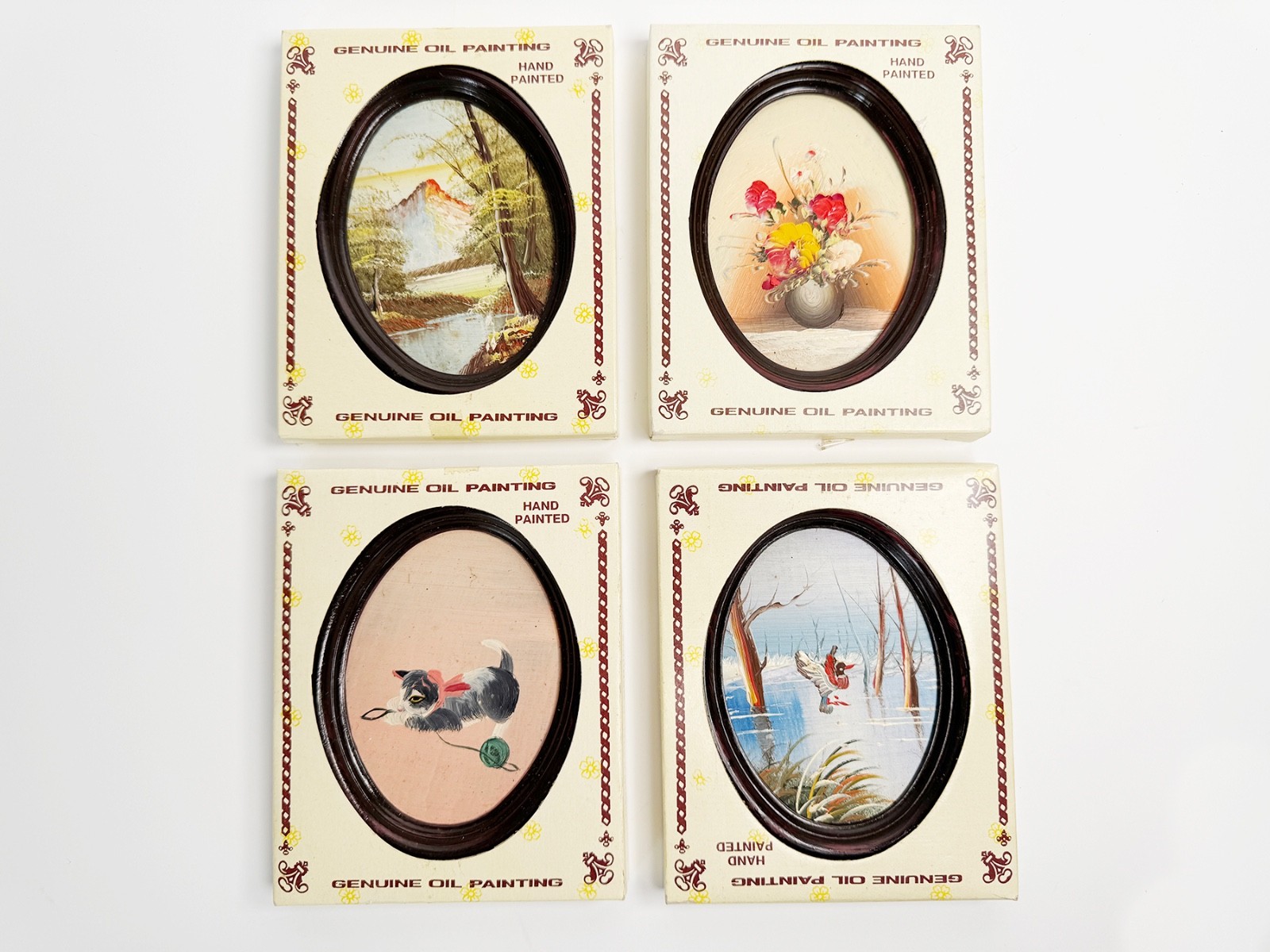 4 Mini VTG Oil Paintings Floral Still Life Pictures Oval Plastic Frames MCM 70’s