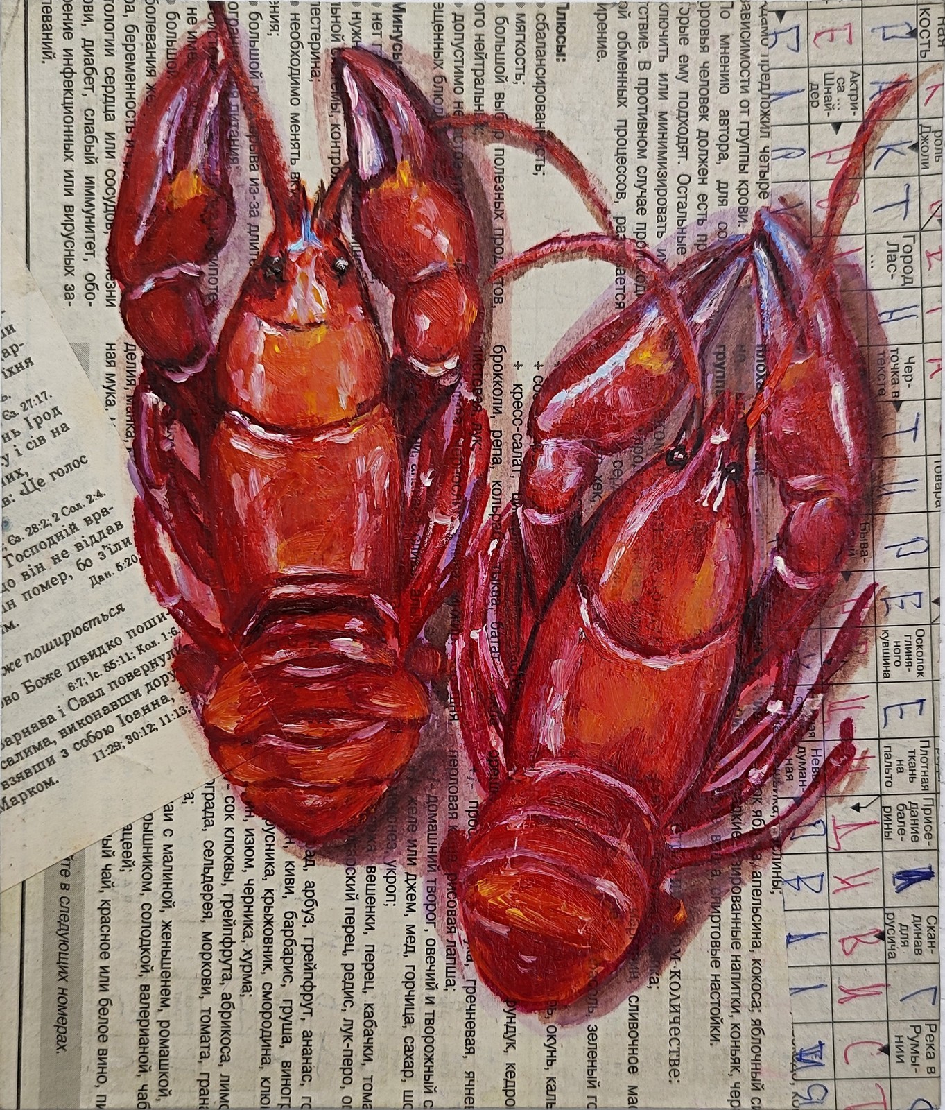 Red Lobsters Painting crayFish seafood Hand Original Oil Newspaper Kitchen art