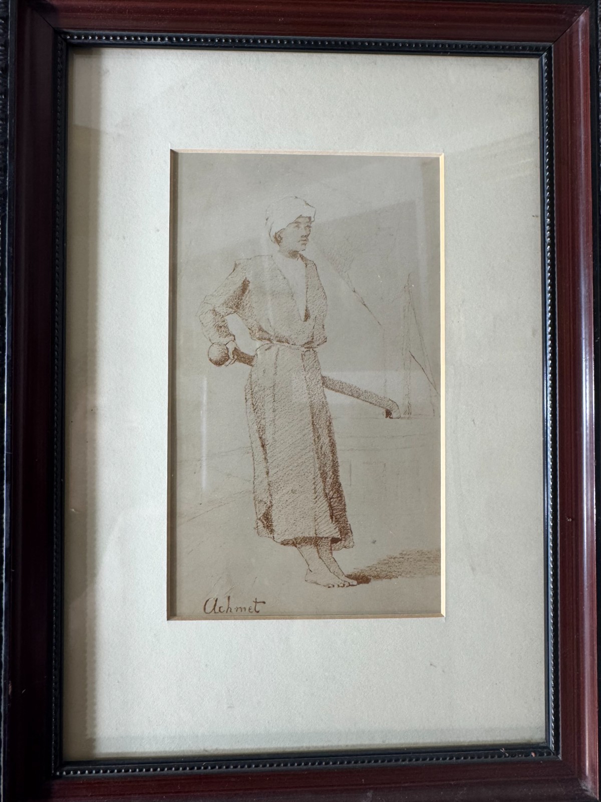 Vintage Figure Study Drawing Signed Achmet Framed Behind Glass Sepia Sketch