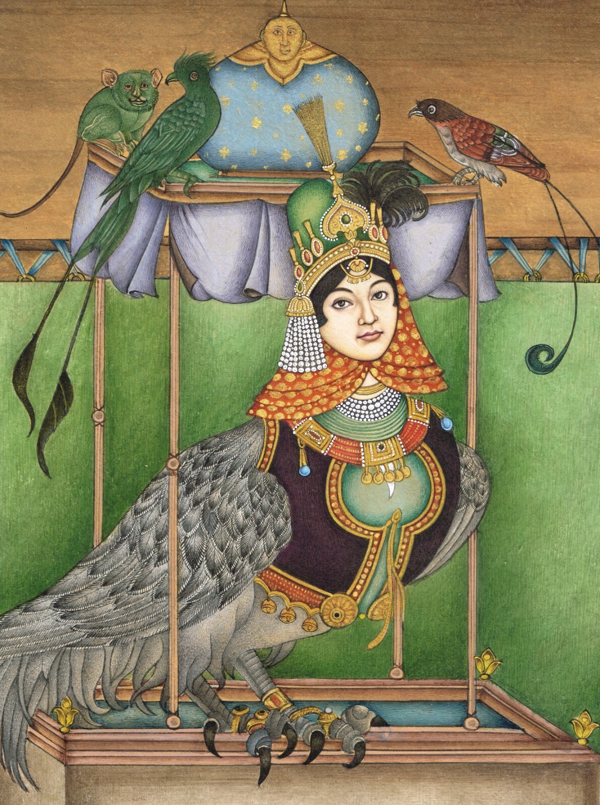 Persian Miniature Painting Of Birds With Woman Face On Paper 10.5×13.5 Inches