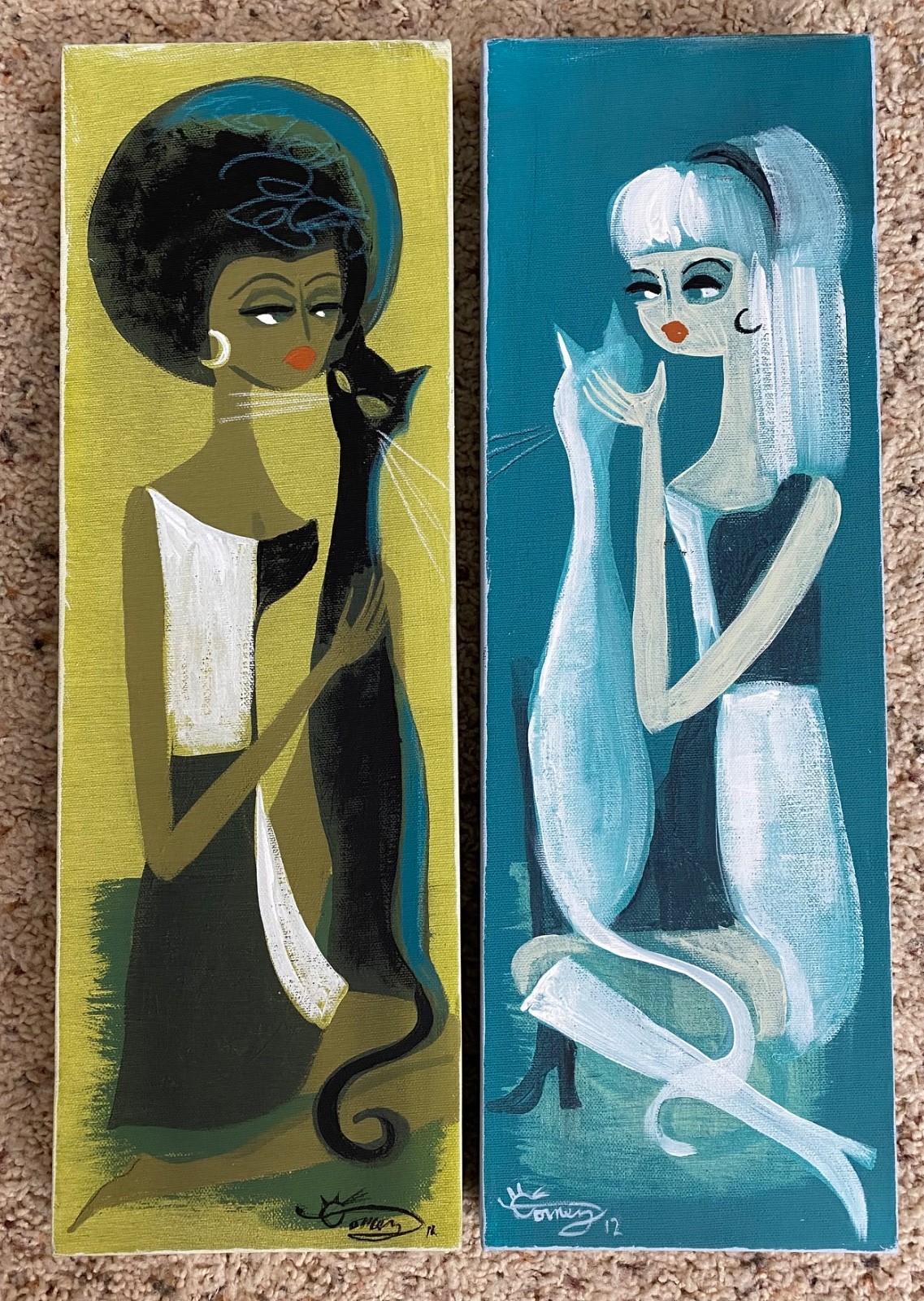 El Gato Gomez Original Art Set of 2 – MCM Girls in B/W with Black Cat White Cat