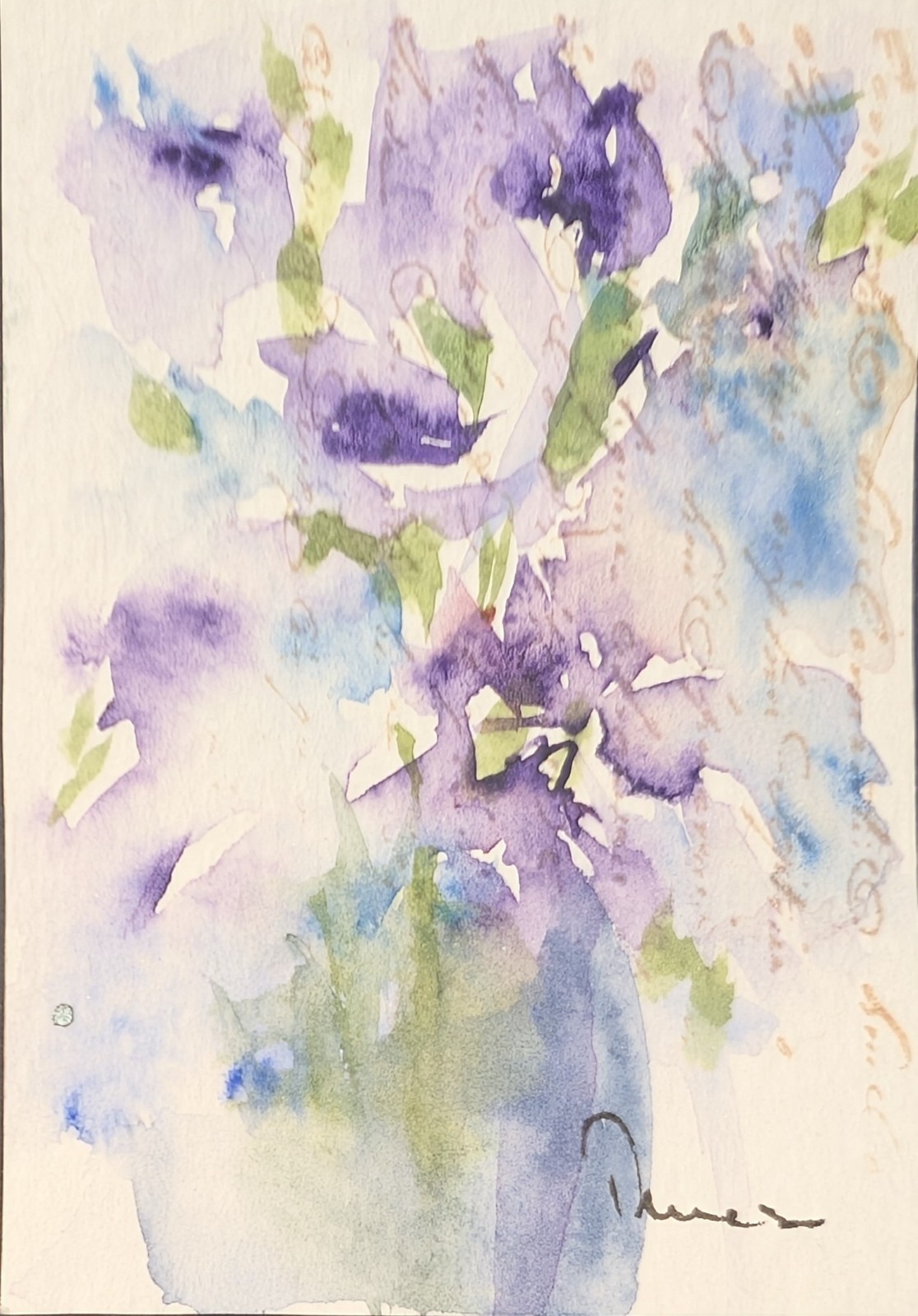 Blue Vase & Purple Flowers – Original ACEO or ATC watercolor miniature painting