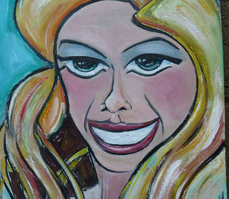 CLARISSE smile woman oil painting modern original art 8×10 wood signed Crowell
