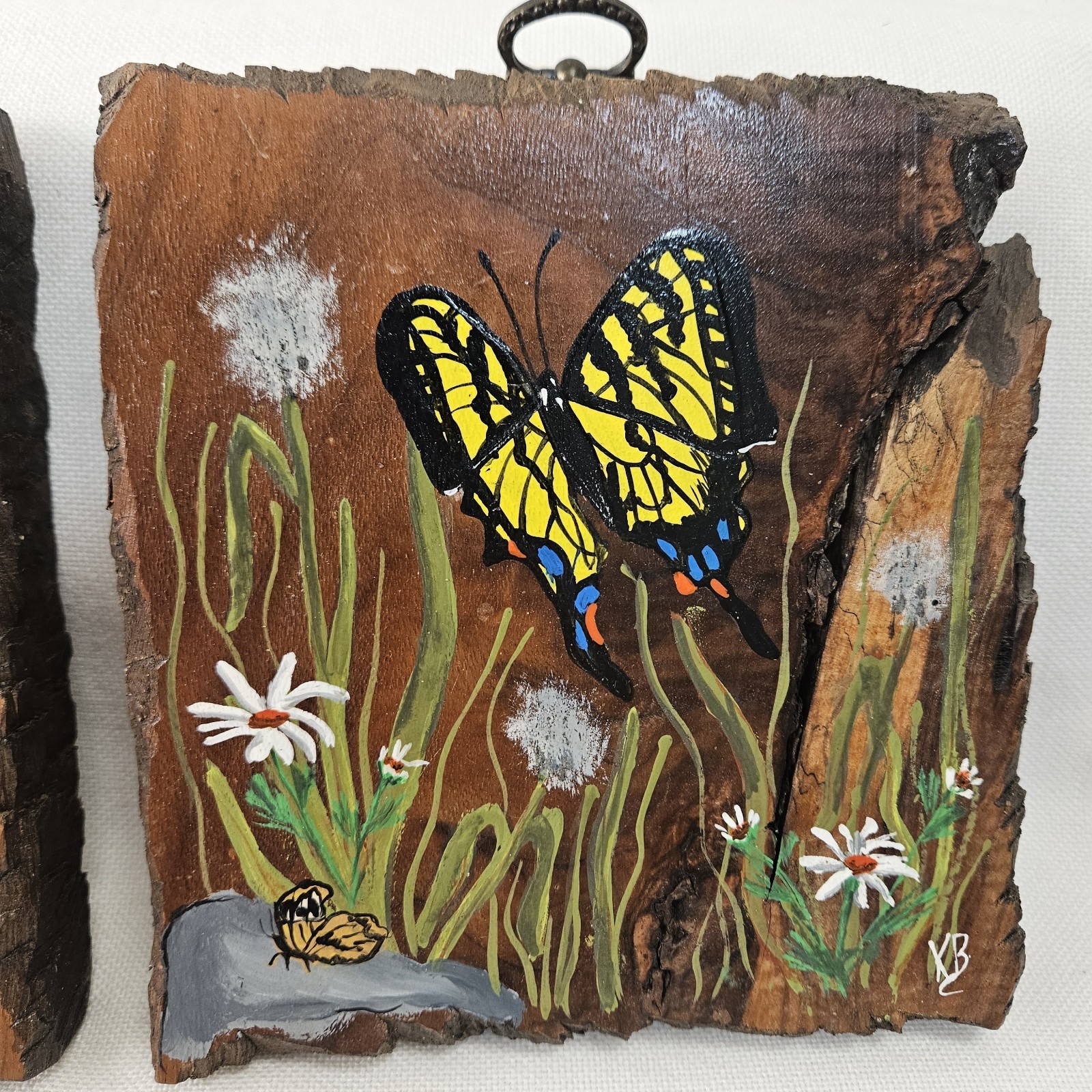 Vtg Floral Butterfly Painted Wood Folk Art Americana MCM Set of 2 Cottagecore