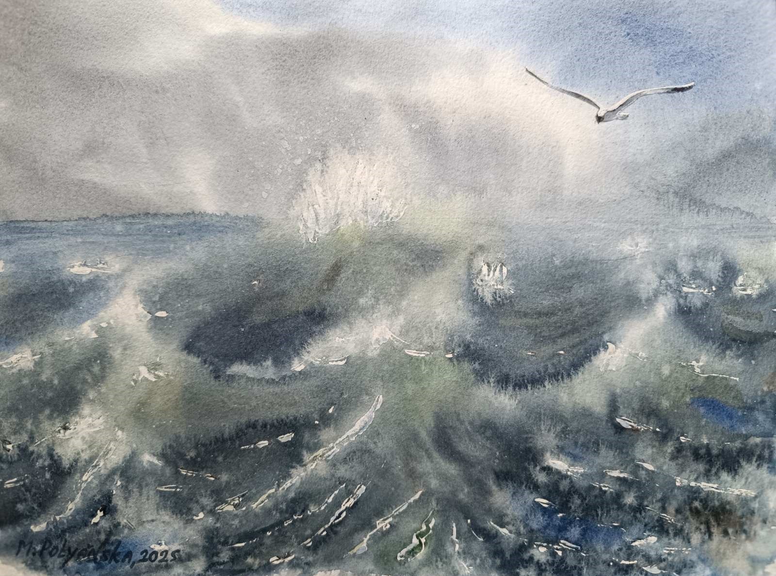 SEA WAVE BIRD SEAGULL SKY Original Art Painting Landscape Modern Seascape GiftA4
