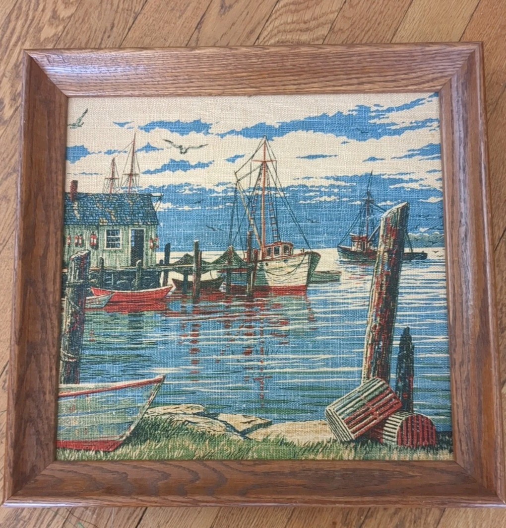Kay Dee Pure Linen Boat Fishing Picture With Wooden Frame 16.5 By 16 Frame