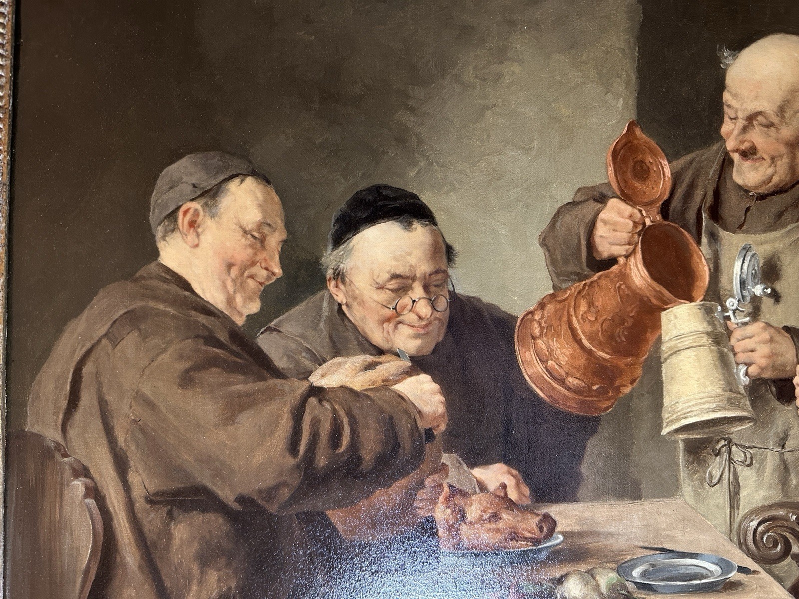 Monks at Table with Stein – Signed “E. Grutzner” – Oil on Wood Panel Painting