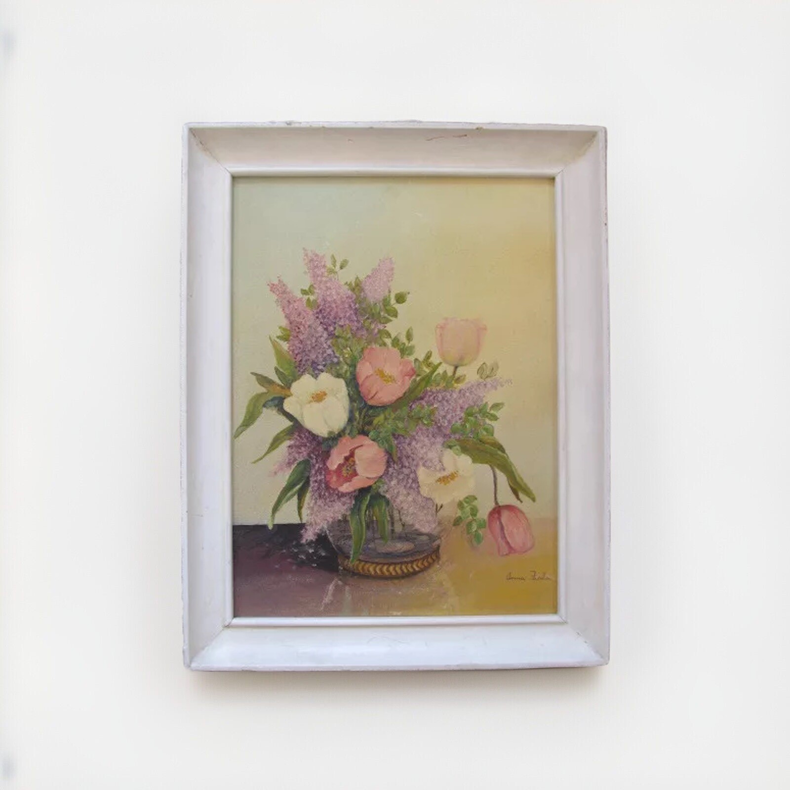 OLD SIGNED FLORAL OIL PAINTING ANNA FIALA TULIPS SHABBY FRAMED VASE OF FLOWERS