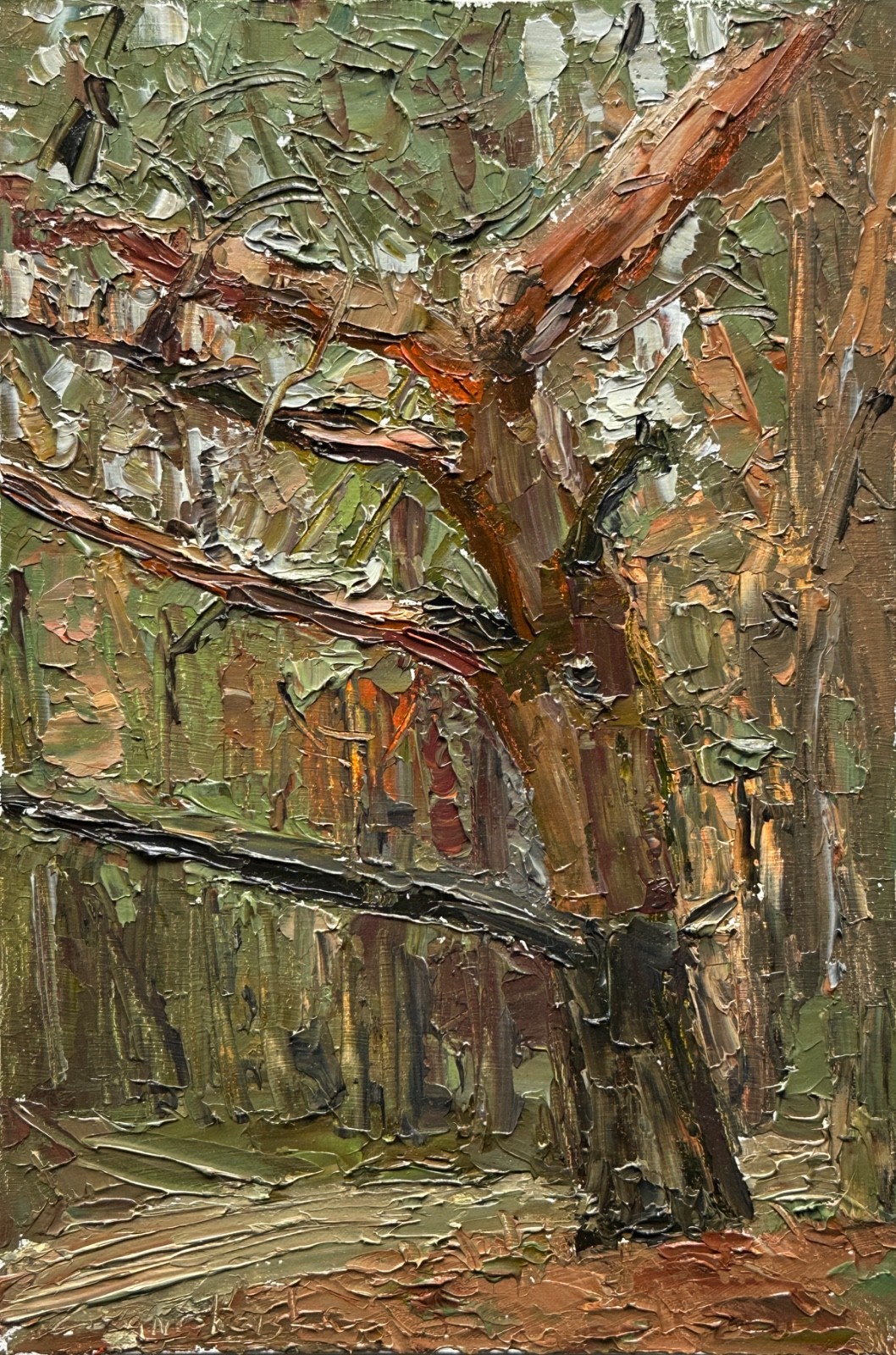 Original art landscape oil painting on cardboard Spruce 12*8in