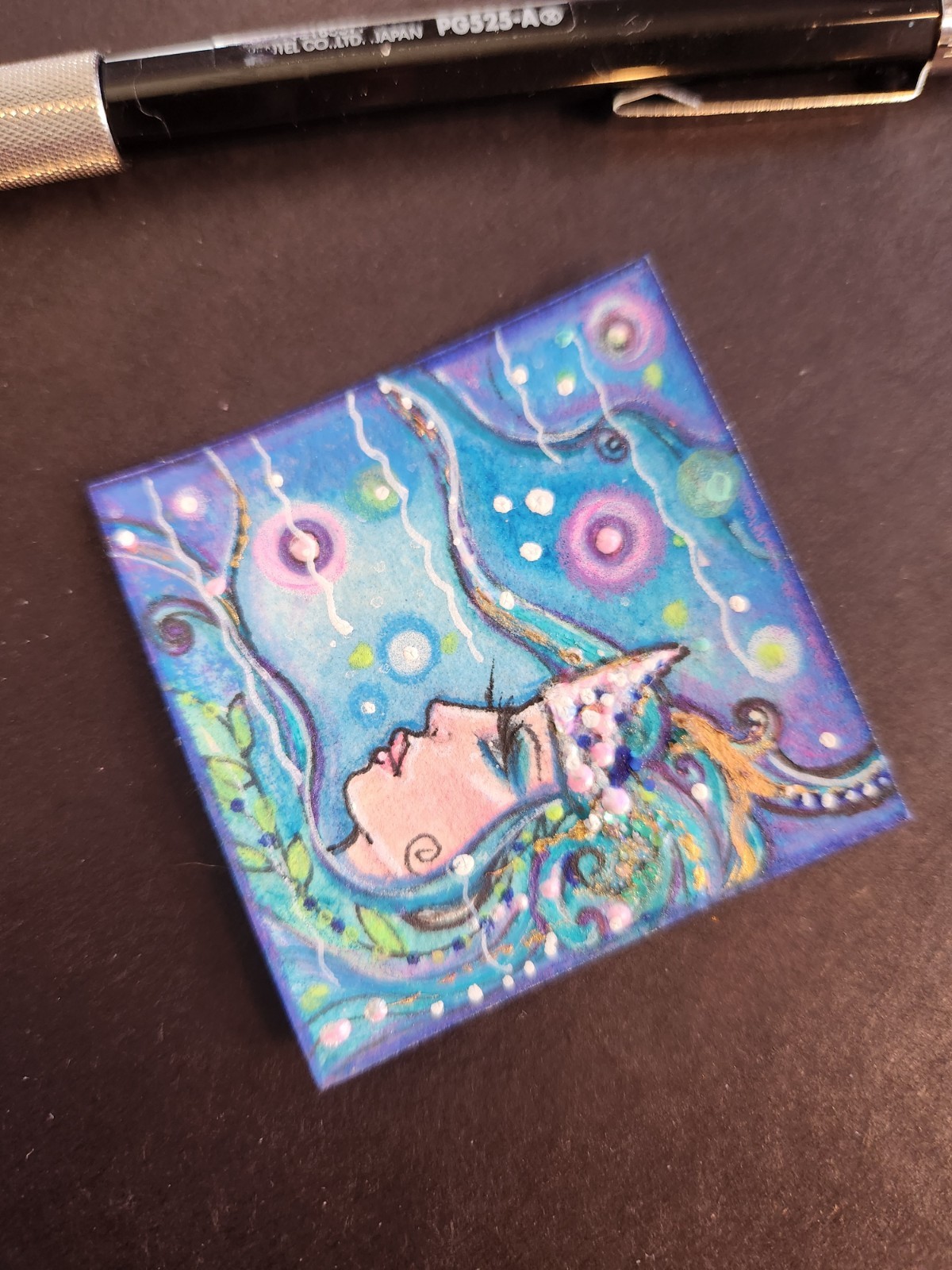 Original Mini PAINTING 2×2 Inches Tiny Mermaid By Renee Lavoie