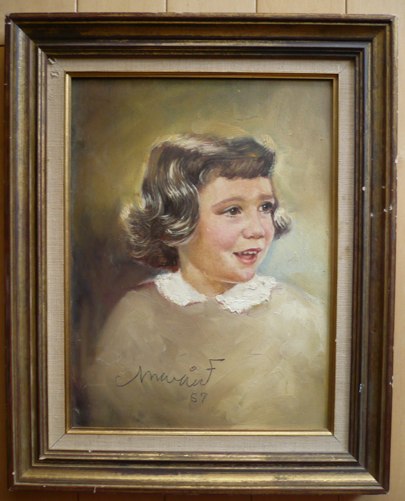 MYSTERY ARTIST, SIGNED PORTRAIT, PRETTY LITTLE GIRL, 1957 50s MODERN REALISM OIL