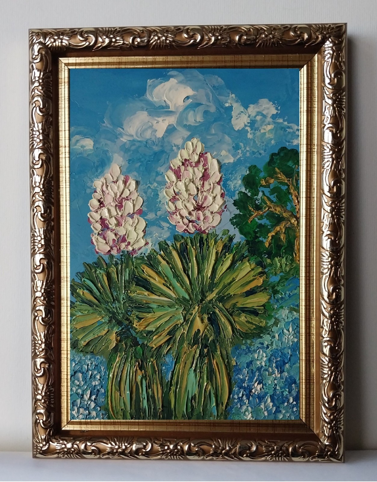Framed Texas Art Yuccas Bluebonnets Landscape 4×6” Impasto Oil Painting Original