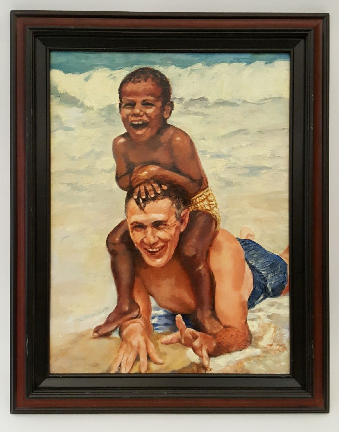 Original oil painting ‘Surfin’ with Grandpa’ grandson 2015 framed