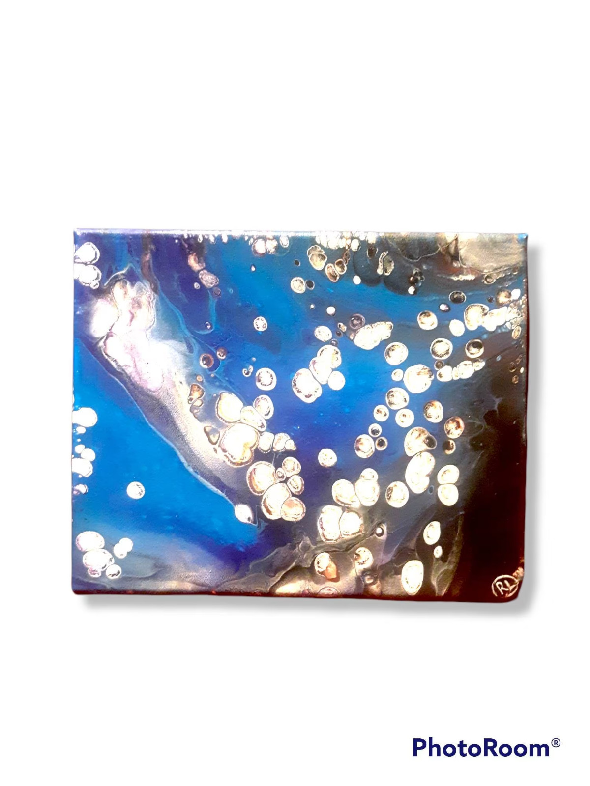 8 in x 10 in Abstract Acrylic Painting of Bubbles Underwater