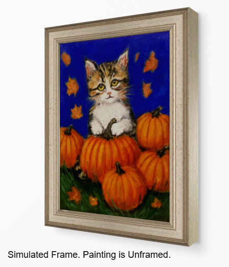 Original Cat Painting Kitten & Pumpkins 5×7 Pet Modern Wall Art Decor