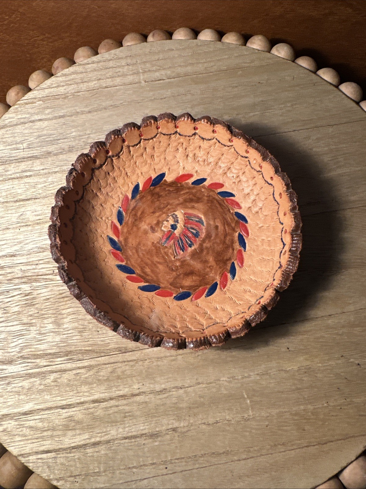 Native American Indian Man Painted On Leather Shaped Bowl b