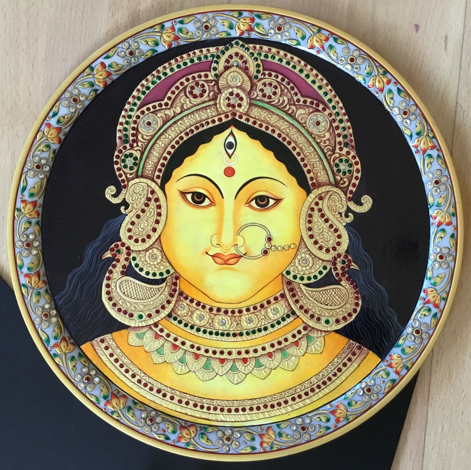 Durga Goddess 15″ Marble Plate Art Handmade Hindu Indian Ethnic Decor Painting