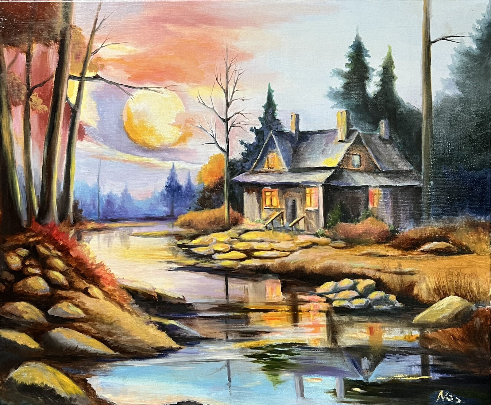 Original painting oil on canvas, Village Painting, Forest and River Landscape