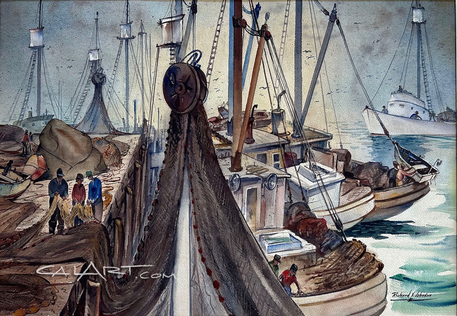 1940s San Pedro, CaLiFoRnia FISHING BOATS – NET MENDERS by Listed Regionalist