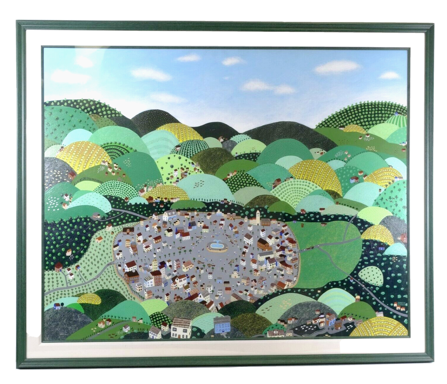 Large Whimsical Green Folk Art Oil Painting Canvas On Board Mystery Artist