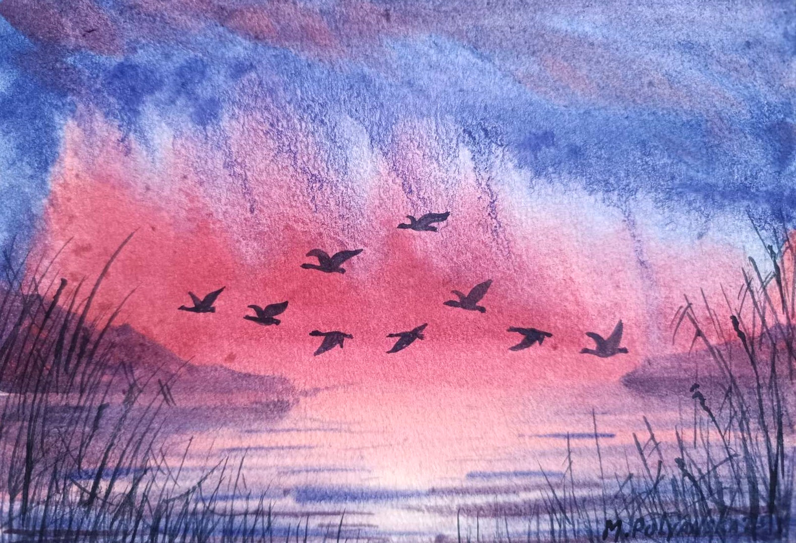 DUCKS FLYING CLOUDY SKY Original Arts Painting Landscape GEESE FLY Seascape Gift