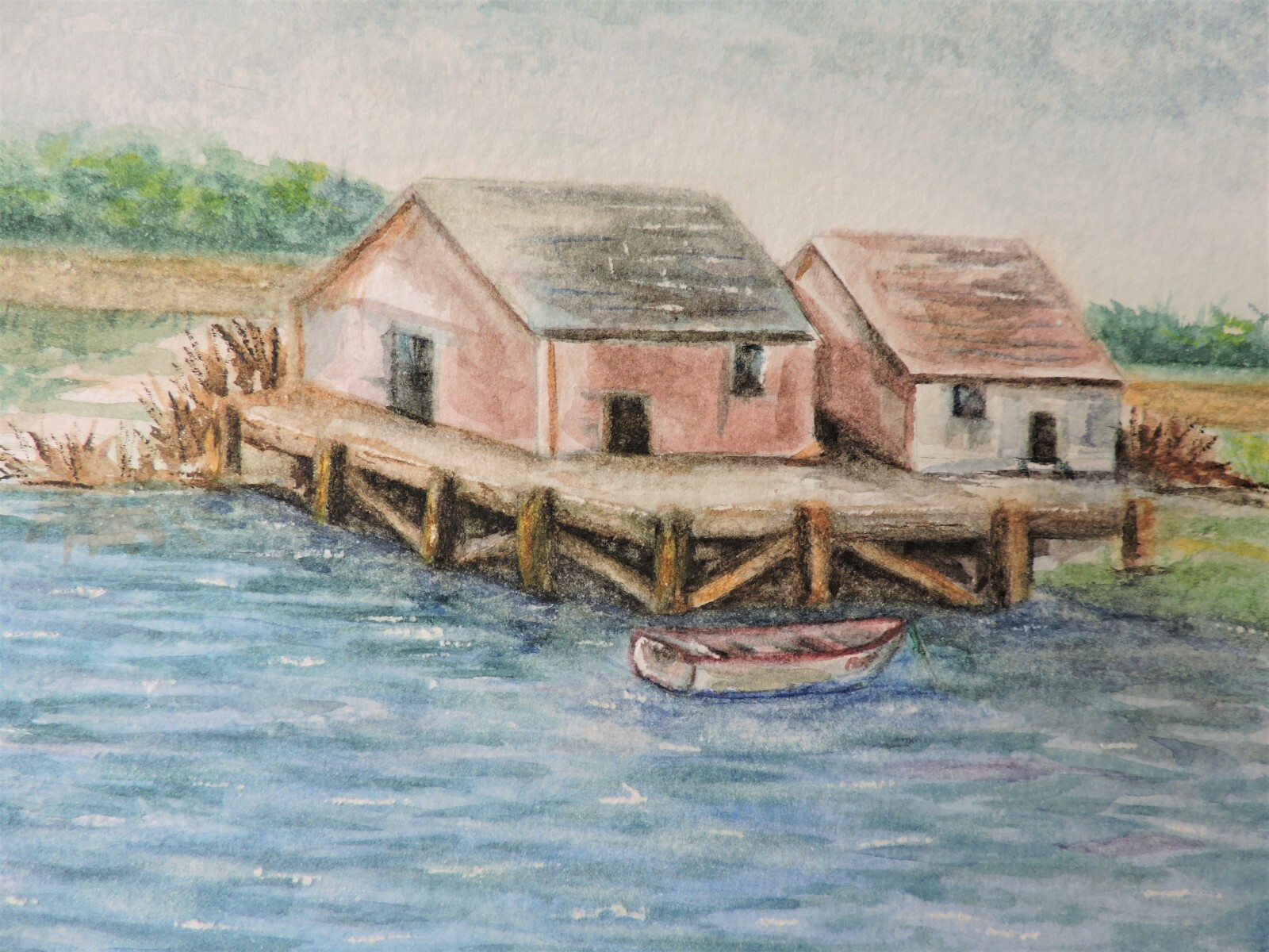 Boats Anchored in a Bay, Original 8 1/2 x 11 1/2 Watercolor Painting