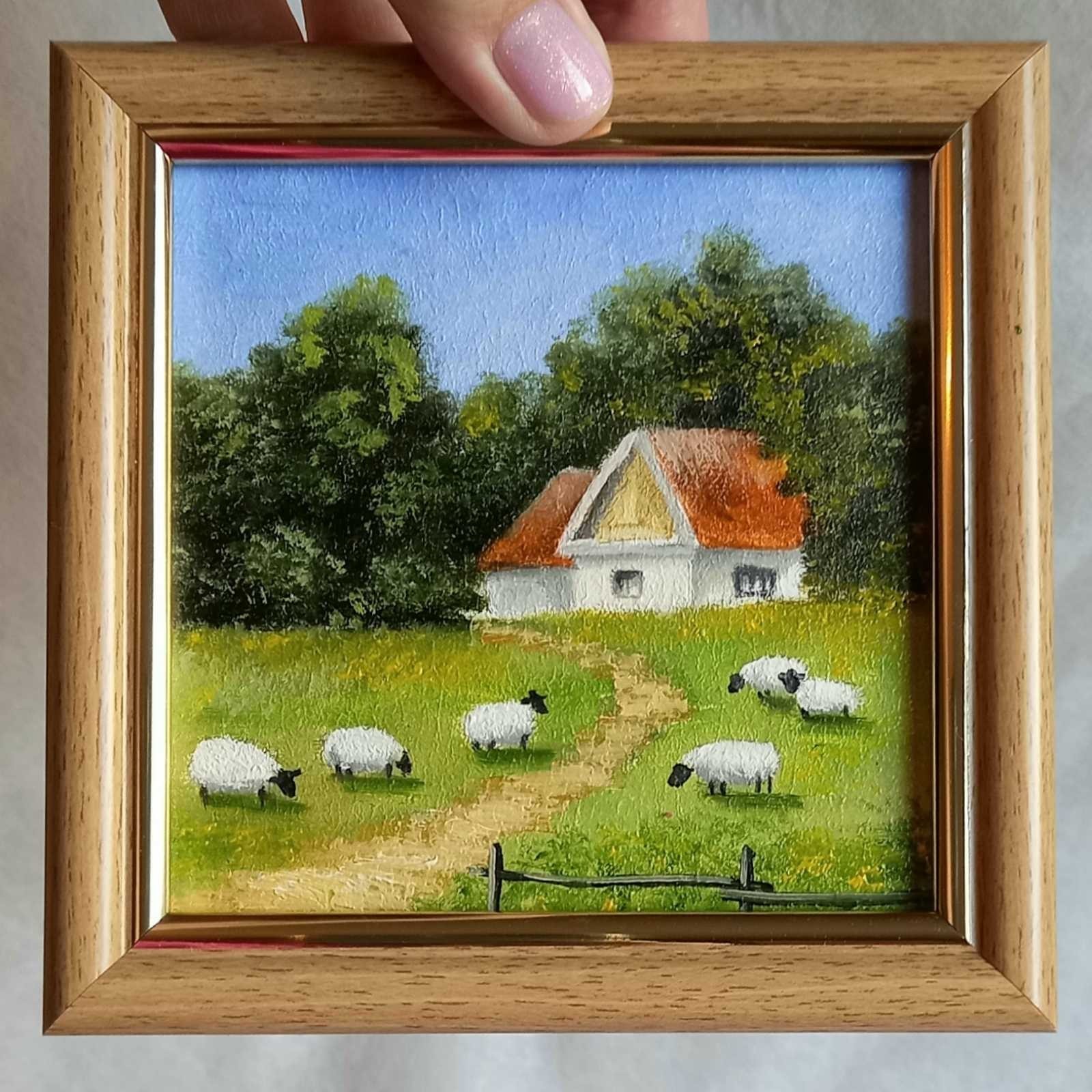 Summer Original Oil Painting Landscape Sheep Village Meadow Art 4 x 4 in