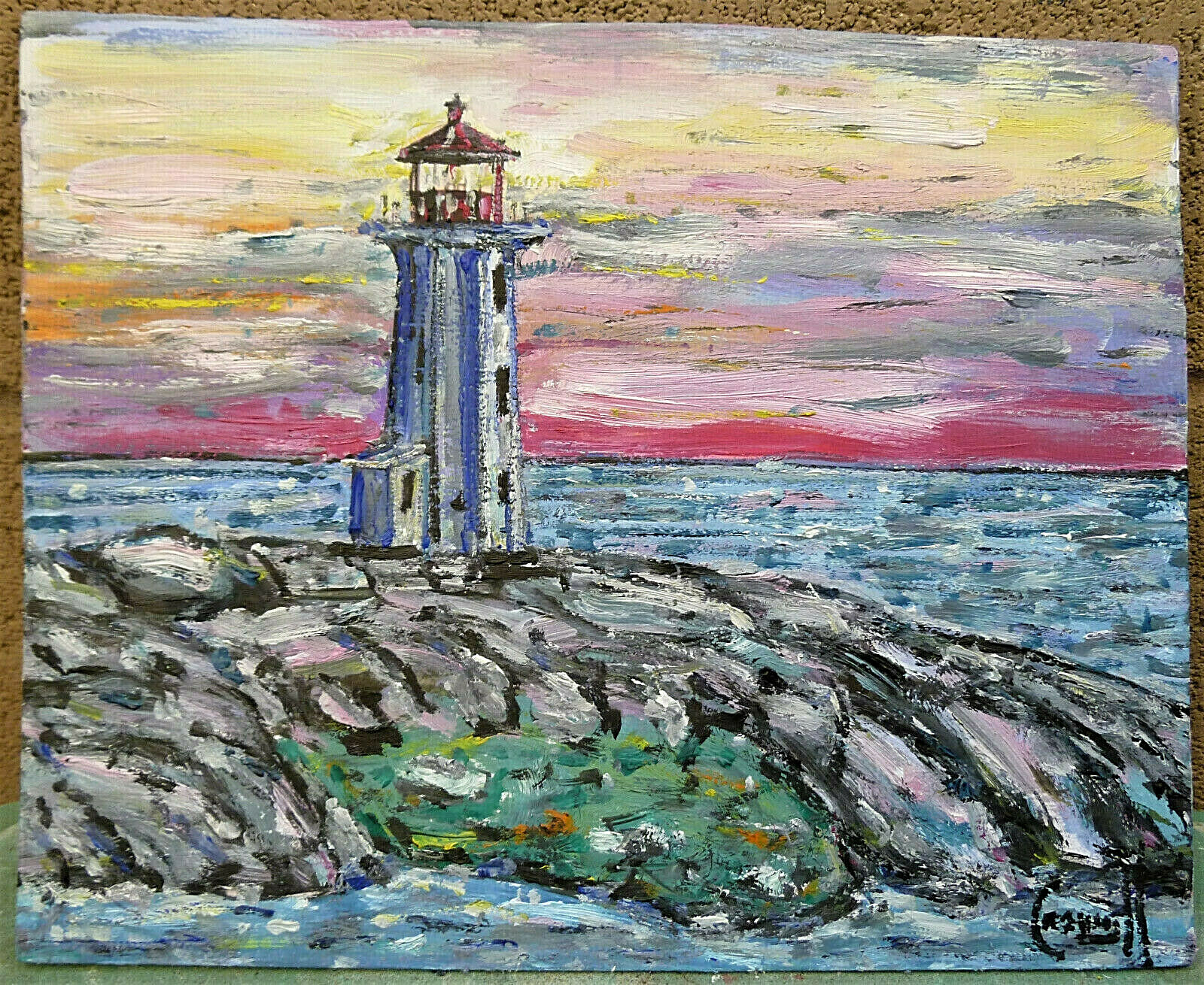 ROCKPOINT LIGHTHOUSE 8×10 ocean oil painting original art wood signed Crowell