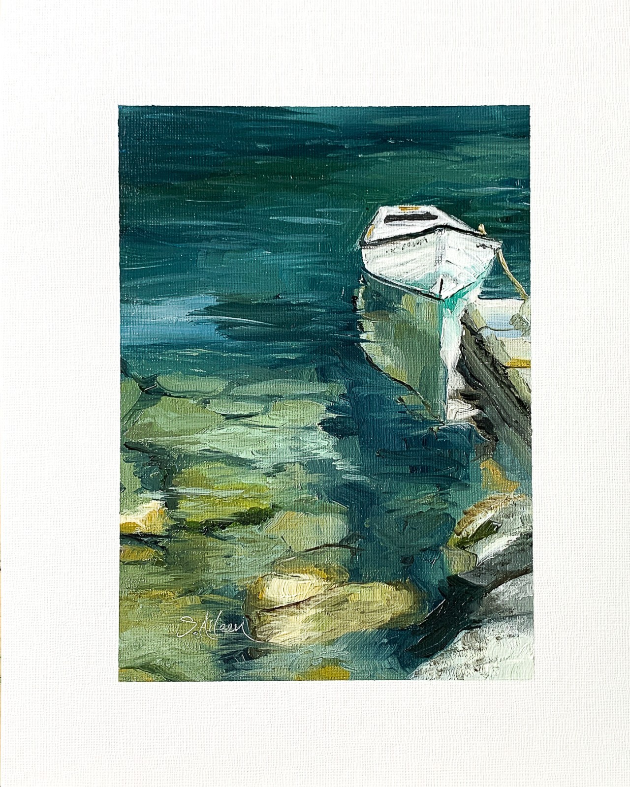 8×10 Original Oil Painting Nautical Harbor Rowboat Clear Water Rocks Art Signed