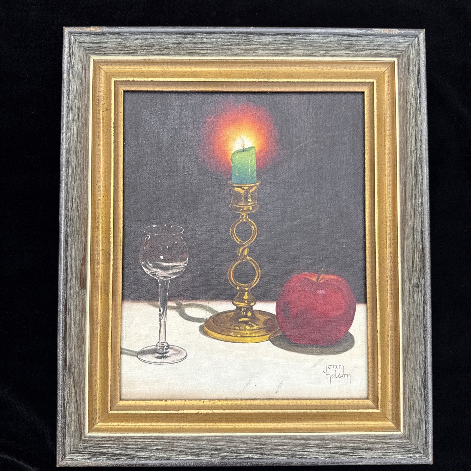 Vintage Original Still Life Oil Painting Dark Academia Moody Candle & Apple 12”