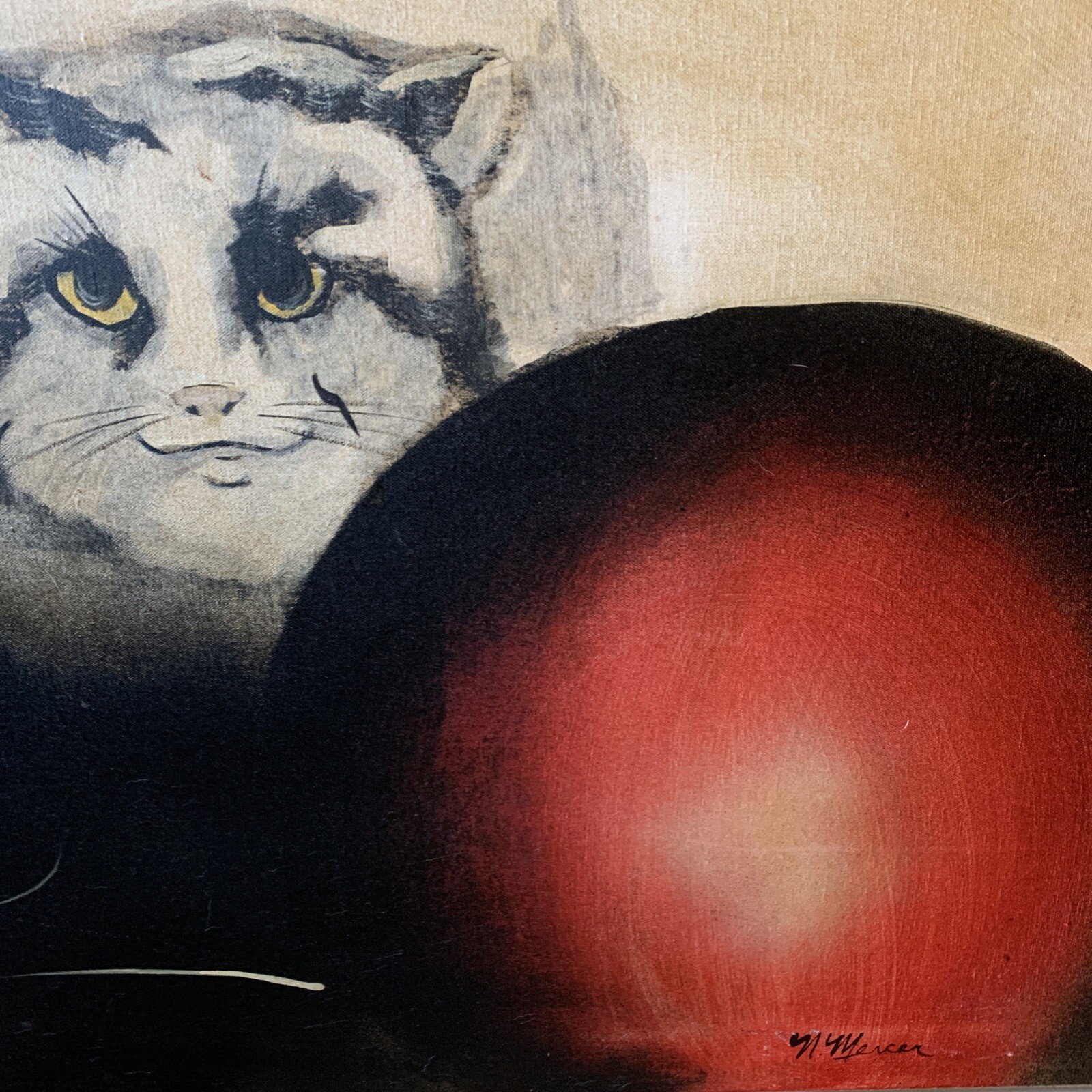 Large MCM Oil Painting Cat Toy Ball Rare 37×37 N. Mercer Vintage Folk Art