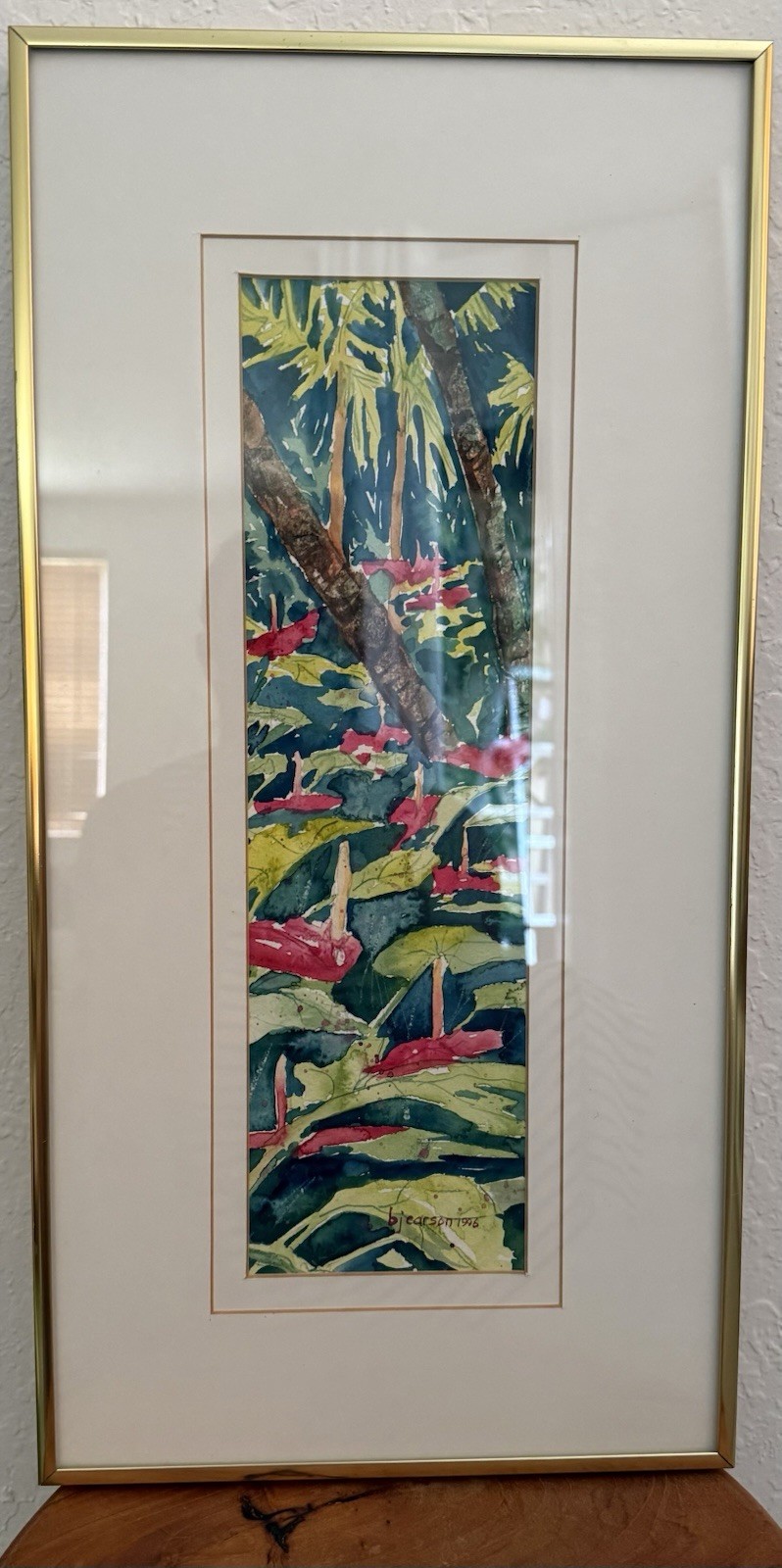 Vertical Tropical Watercolour Painting Artist Signed Framed – Gold 20”L X 10”W