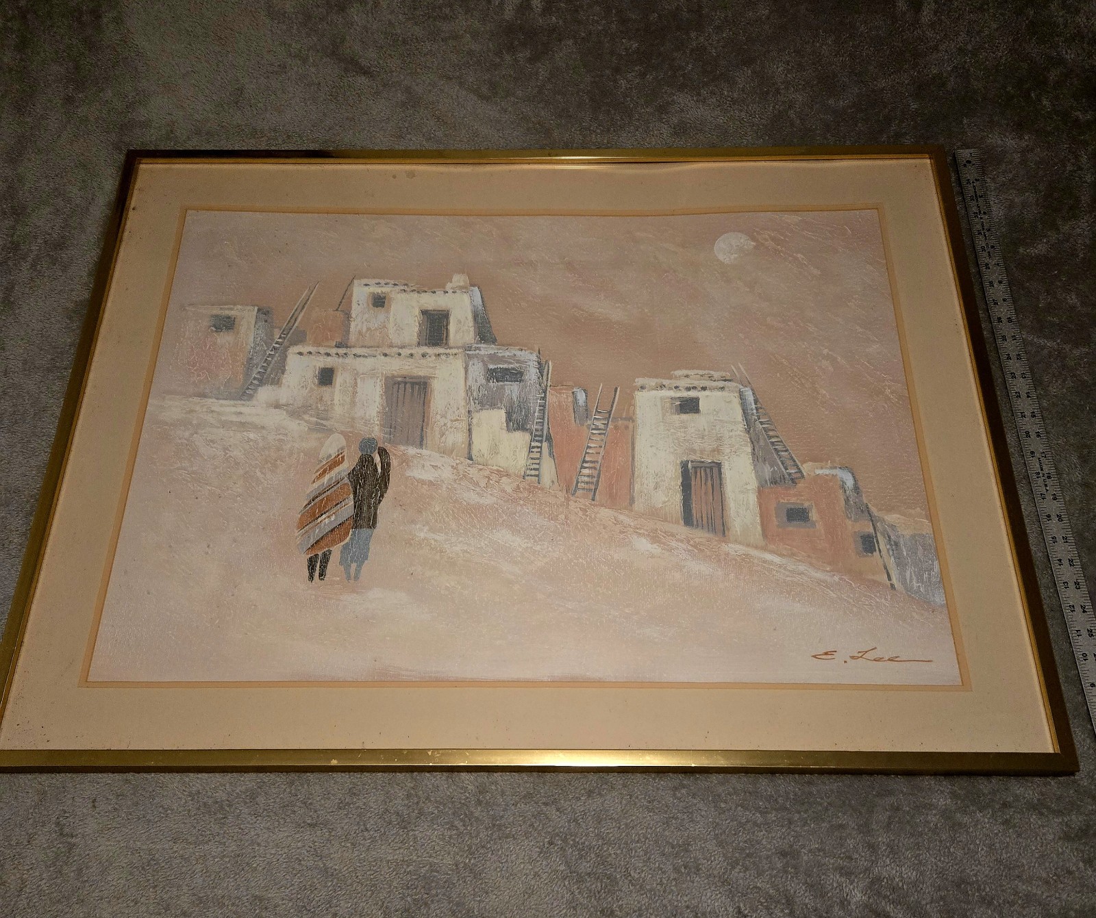 Original Southwestern Painting Signed E. LEE ADOBE PUEBLO DWELLINGS 30in X 36in