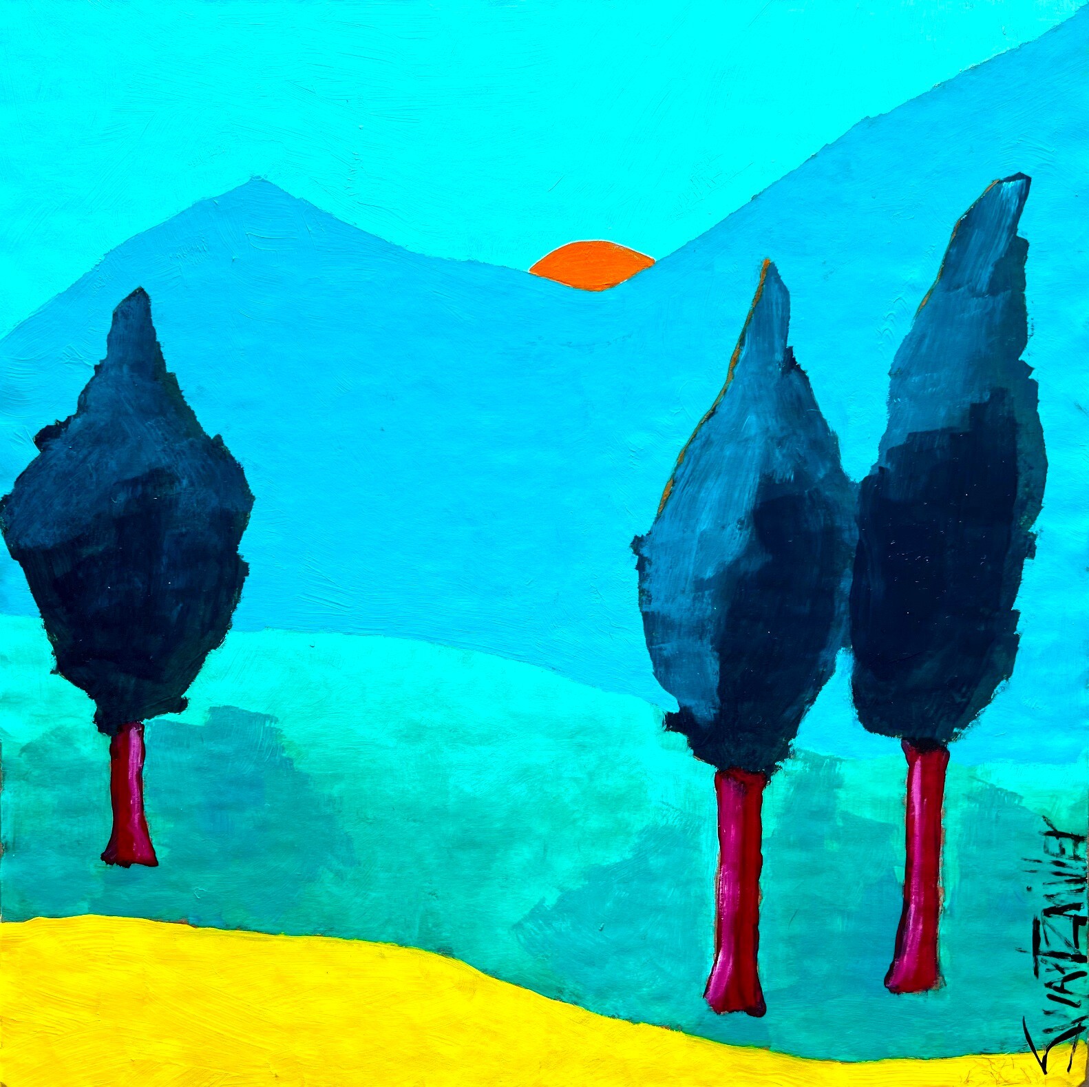LANDSCAPE SUNSET COLORFUL upcycled CB 18″ X 18″ Painting SWARTZMILLER DNA SIGNED