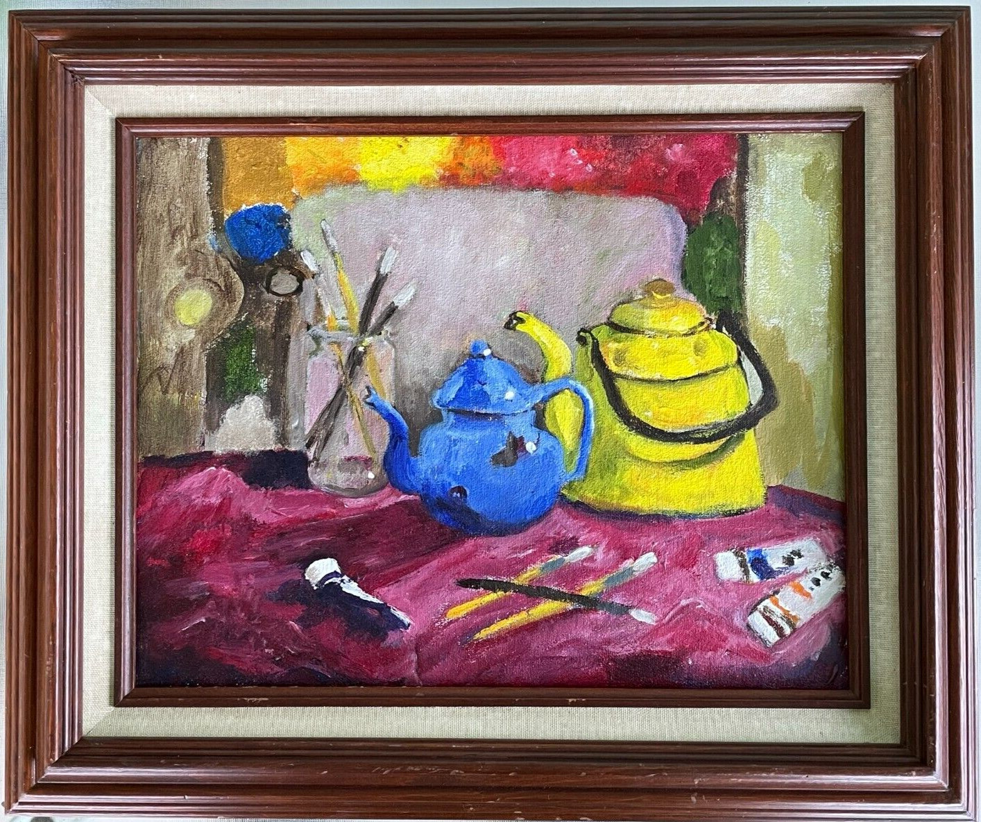 18 3/4″ Oil Painting Vibrant Still Life Objects on Table Florida Artist