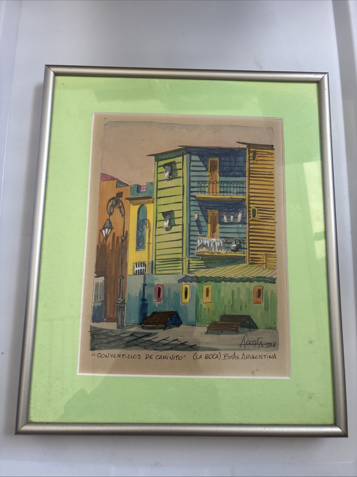 Framed Acosta Watercolor Conventillos De Caminito 1998 Art