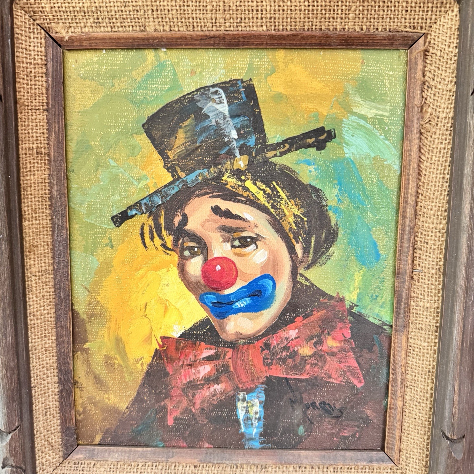 Vintage Framed Clown Painting Signed Wall Hanging Folk Art Mexico Colorful Sad