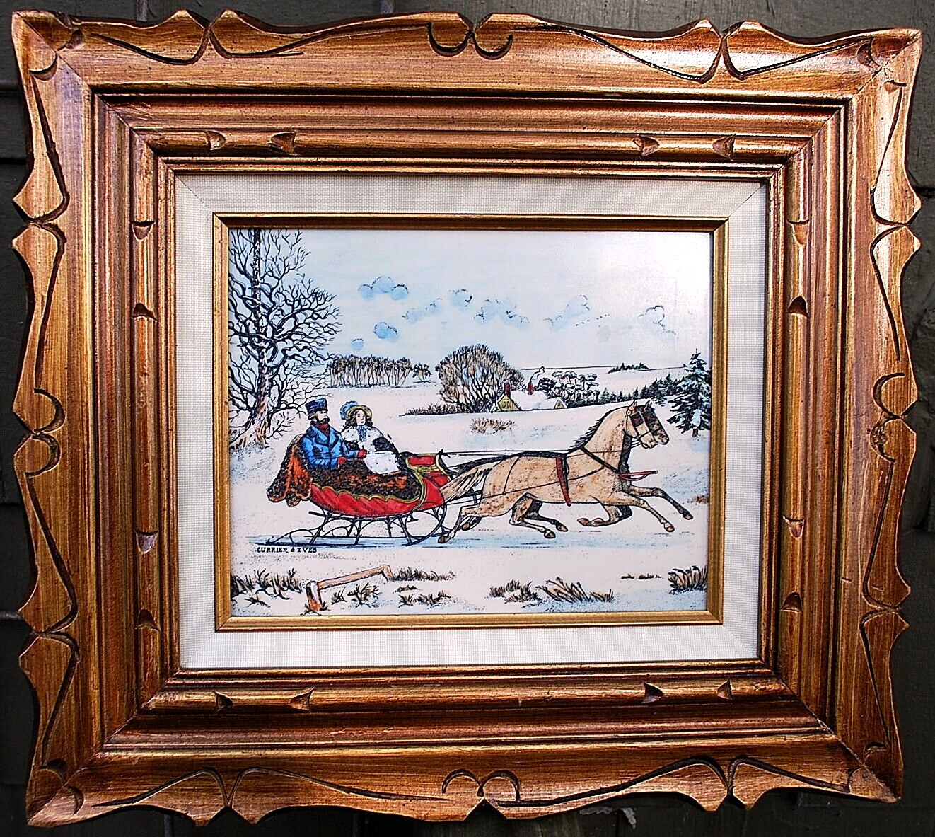 Hand Colored RARE Currier & Ives ARTINI ENGRAVING ‘THE ROAD WINTER’ Framed 17.5″
