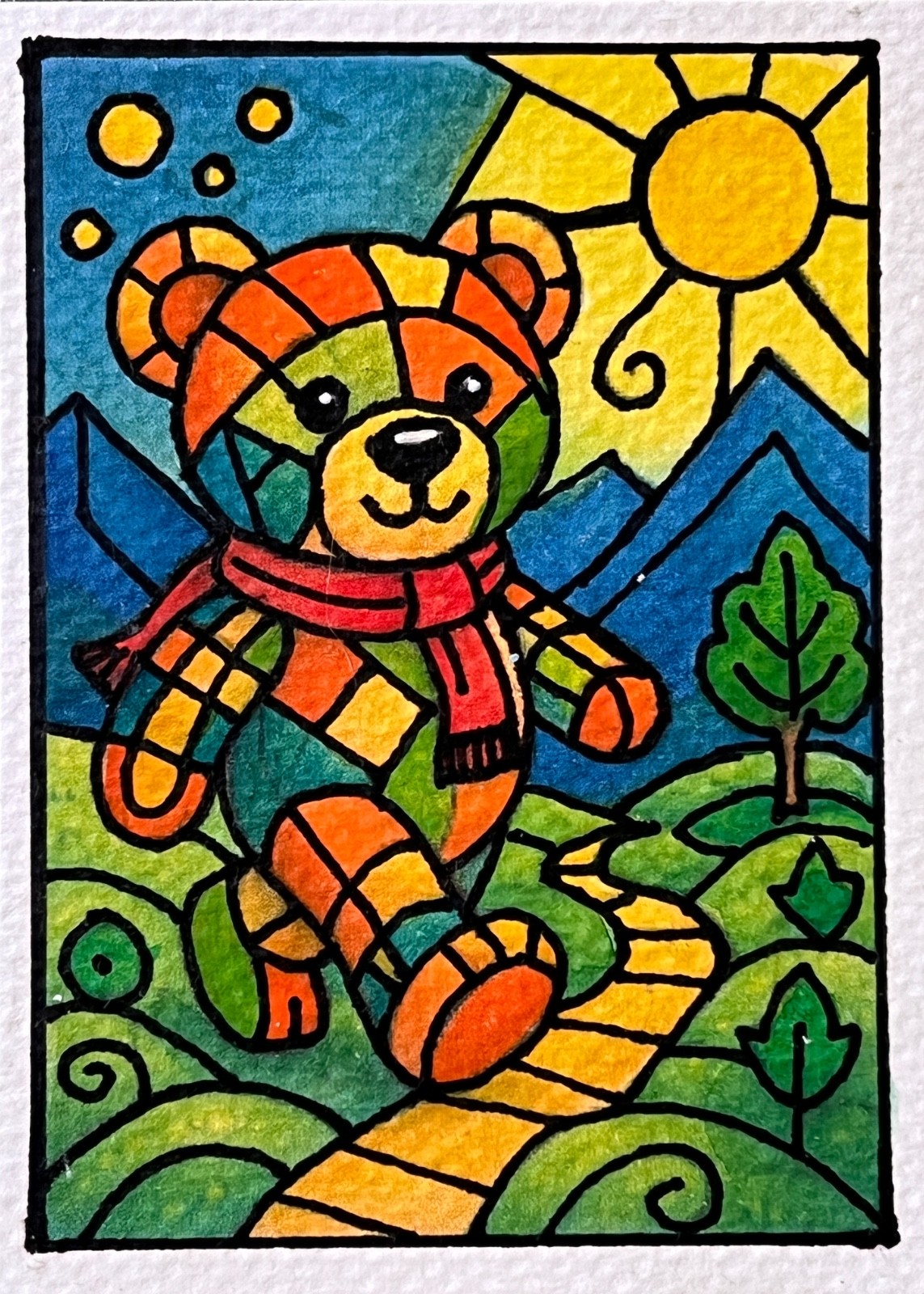 ACEO Original Art, Tiny Art, ATC – Watercolor – Teddy Bear – Patch Teddy 3